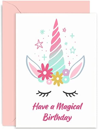 Old English Co. כרטיס יום הולדת קסום חד קרן עבורה - כרטיס יום הולדת של יום הולדת ורוד לילדה | עיצוב